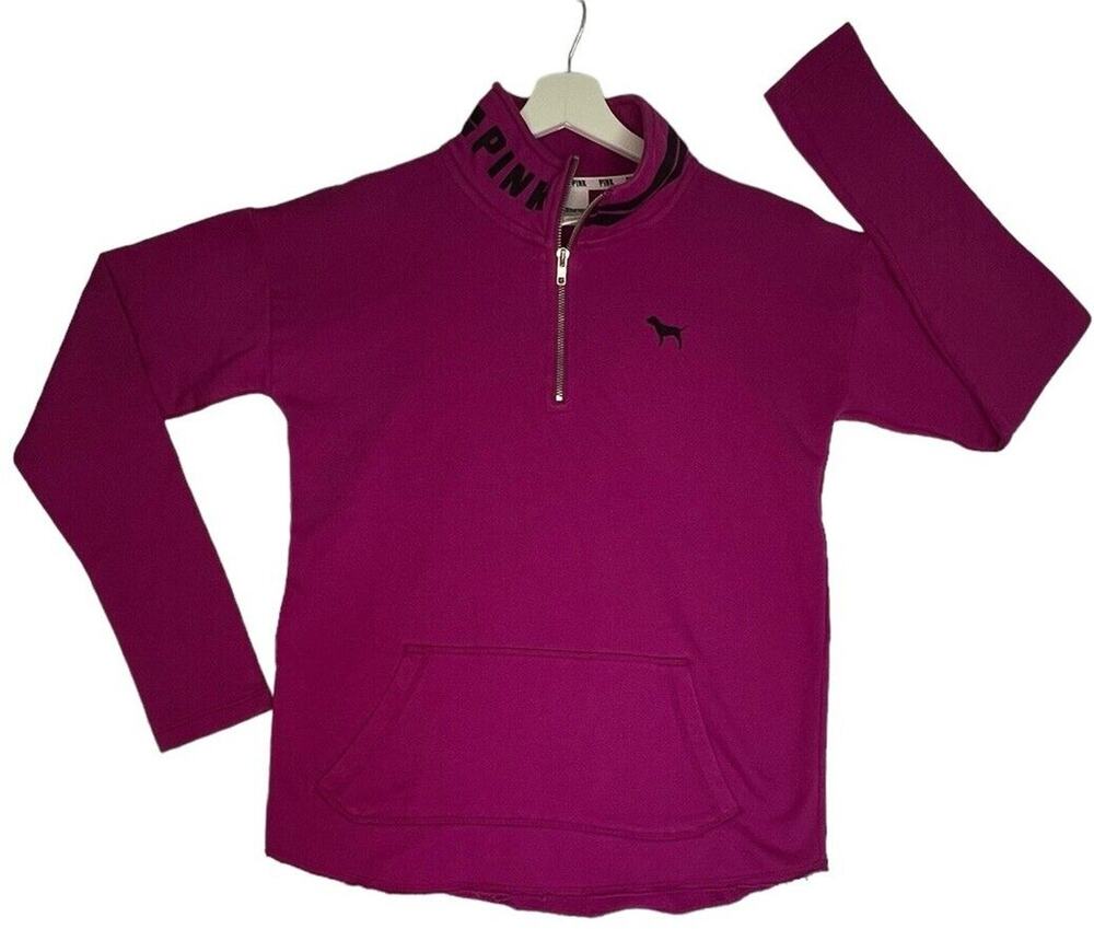 Pink Victoria's Secret Sweatshirt Women's S Purple Black Dog Logo Quarter Zip